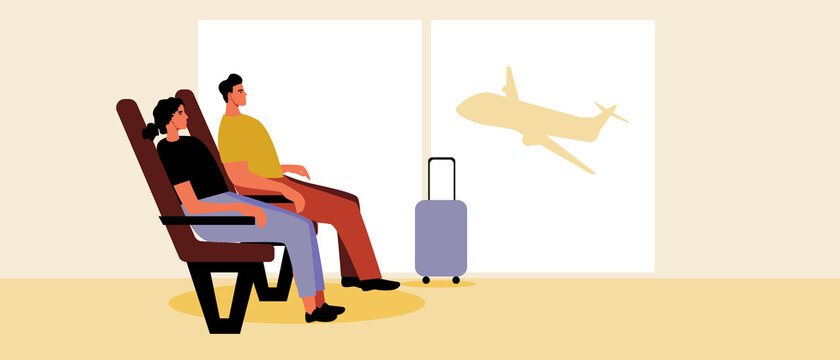 Couple in airport lounge, flat vector stock illustration with waiting room interior and passengers with luggage