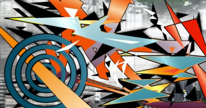 Animation of retro vibrant shapes over cityscape
