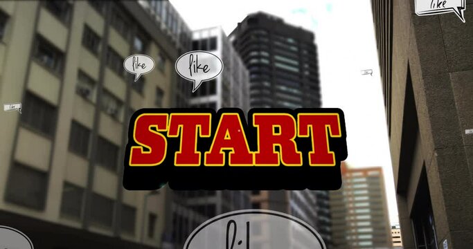 Animation of start text in red letters over cityscape