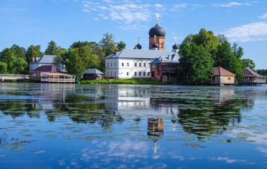 Fototapeta na wymiar Pokrov, Vladimir region, Russia - September, 2020: Pokrovsky Holy Vvedensky Island Monastery. Orthodox female monastery on island on Vvedensky lake