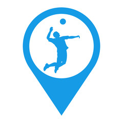 Fototapeta na wymiar Icono silueta jugador de voleibol saltando con pelota en marcador de posición en color azul