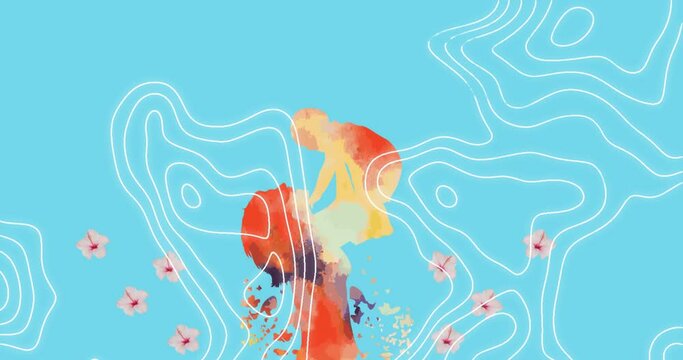 Animation of isohypses over colorful stain and flowers