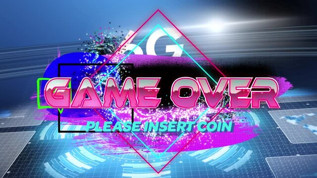 Animation game over please insert coin in digital colorful abstract space