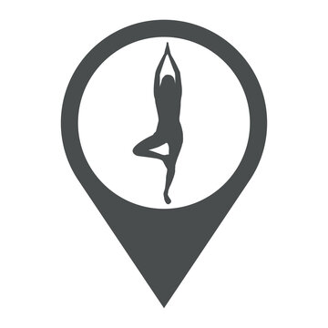 recommend clip art: Icono plano silueta de mujer practicando la posición del árbol de yoga en puntero de posición en color gris