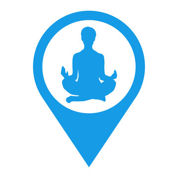 recommend clip art: Icono plano silueta de mujer practicando la posición del loto de yoga en puntero de posición en color azul