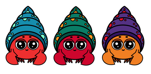 Cartoon hermit crab set. Cute soldier-crab collection. Underwater ocean life, marine animal. Funny soldier-crab isolated. Marine theme, ocean life. Different hermit crab icon n white background.