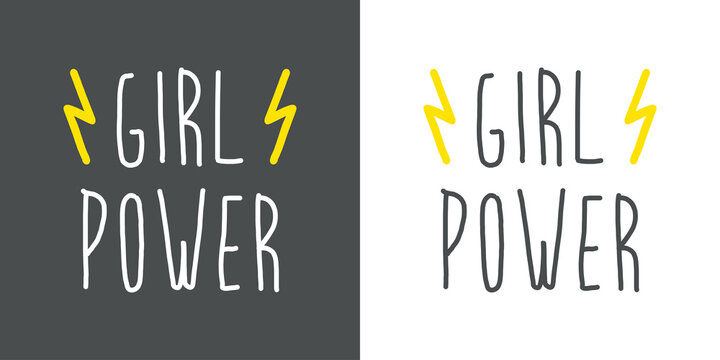 Slogan para poster. Banner con texto manuscrito Girl Power con relampago lineal color amarillo en fondo gris y fondo banco
