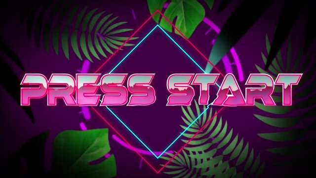 Animation of pres start in digital abstract space with tropical plants