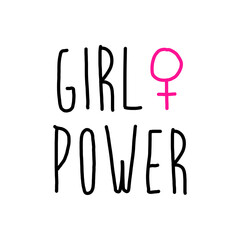 Slogan para poster. Banner con texto manuscrito Girl Power con símbolo feminista lineal en color rosa y negro