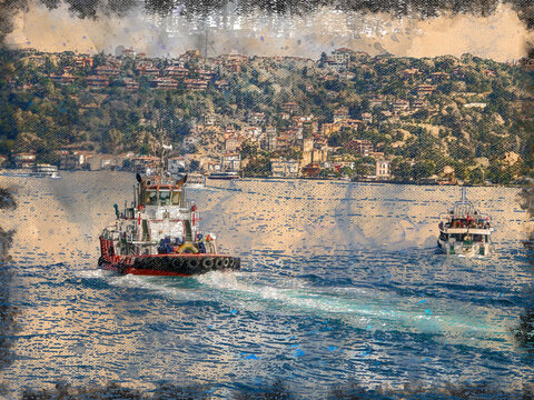 A tugboat and a small boat sailing on a sea bay.