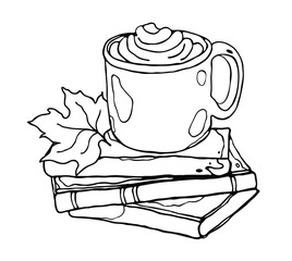Picnic in the autumn garden. Tea, coffee in a mug. Books. Leaves. Autumn decorative design. Isolated vector element on a white background. 