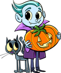 little dracula holds a pumpkin for halloween and the cat flies around his legs