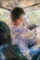 Driver at the wheel. Adult man driving a car. View from the back seat.