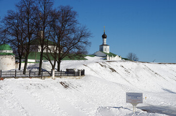 Ryazan, Russia - March, 2021: Spaso-Preobrazhensky Monastery in winter day