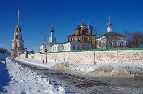 Ryazan, Russia - March, 2021: Spaso-Preobrazhensky Monastery in winter day