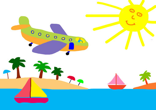 Child's drawing of plane above a beach