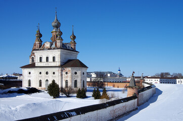 Fototapeta na wymiar Yuryev-Polsky, Vladimir Oblast, Russia - March, 2021: Mikhailo - Arkhangelskiy Monastery, Michael Archangel Cathedral