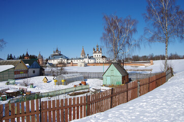 Yuryev-Polsky, Vladimir Oblast, Russia - March, 2021: Mikhailo - Arkhangelskiy Monastery in winter sunny day