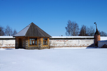 Yuryev-Polsky, Vladimir Oblast, Russia - March, 2021: Mikhailo - Arkhangelskiy Monastery in winter sunny day