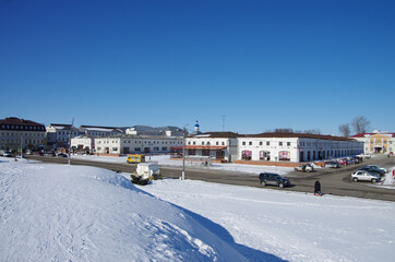 Yuryev-Polsky, Vladimir Oblast, Russia - March, 2021: Vladimirskaya street in winter sunny day