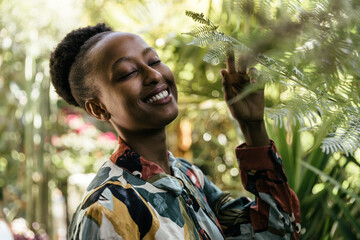 Portrait of happy young woman with eyes closed in nature