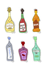 Fototapeta na wymiar Champagne red wine beer vodka liquor vermouth with smile on white background. Cartoon sketch graphic design. Doodle style with black contour line. Cute hand drawn bottle. Party drinks. Freehand