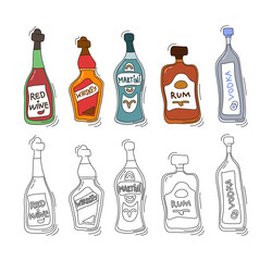 Red wine, whiskey, martini, rum, vodka bottle on white background. Two kinds beverage. Cartoon sketch. Doodle style with black contour line. Colored hand drawn object. Party drinks concept. Freehand.