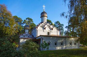 Fototapeta na wymiar Krasnogorsk, Moscow region, Russia - October, 2020: Temple of the Archangel Michael in Arkhangelskoye Museum Estate