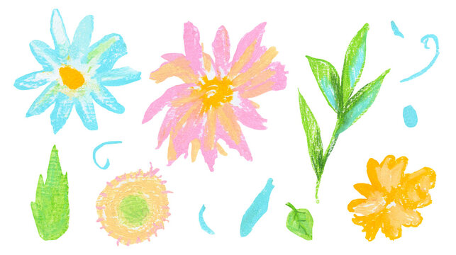 Set of spring flowers hand drawn wax crayons in children's style.Textured,floral collection of illustrations with pastel pencils on white isolated background.Designs for packaging,stickers,banners.