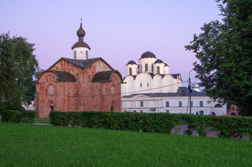 VELIKY NOVGOROD, RUSSIA - July, 2021: Church  Paraskevy Pyatnitsy Na Torgu on sunset