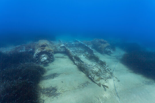 Underwater view of sunken airplane wreck