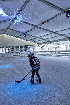 Boy playing ice hockey on the ice rink
