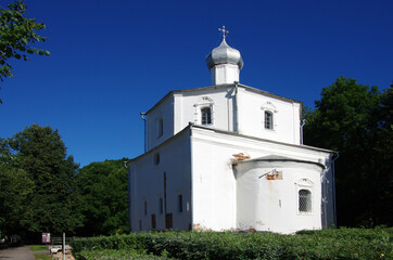 Fototapeta na wymiar VELIKY NOVGOROD, RUSSIA - July, 2021: Church Georgiya Pobedonostsa Na Torgu