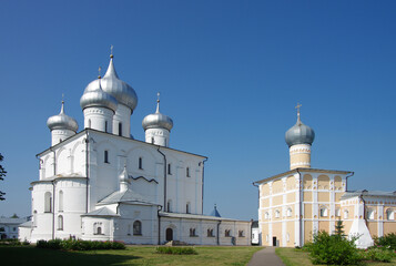 Fototapeta na wymiar NOVGOROD REGION, VILLAGE of KHUTYN, RUSSIA - July, 2021: Khutyn Monastery of Saviour's Transfiguration and of St. Varlaam
