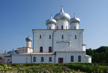 NOVGOROD REGION, VILLAGE of KHUTYN, RUSSIA - July, 2021: Khutyn Monastery of Saviour's Transfiguration and of St. Varlaam