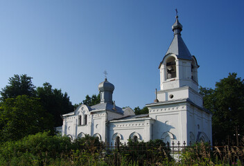NOVGOROD REGION, TRUBCHINO VILLAGE, RUSSIA - July, 2021: Church of the Intercession in summer sunny day