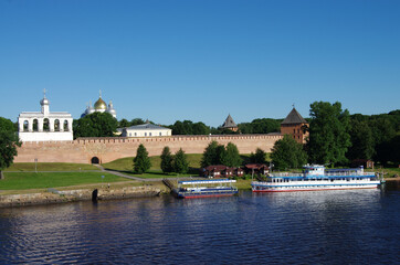 VELIKY NOVGOROD, RUSSIA - July, 2021: Novgorod Kremlin, walls and towers on a sunny summer day
