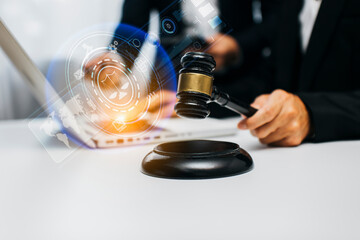 Concepts of Law and Legal services. Lawyer working with law interface icons. Blurred background.	