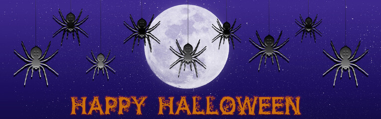 Happy Halloween banner. Halloween spider and moon. background.