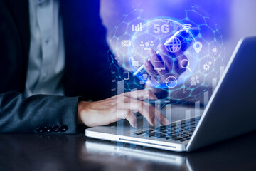 Businessman hands working on network and digital finance marketing chart with future technology innovation and digital transformation concept.