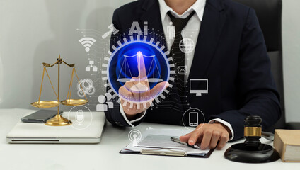 Concepts of Law and Legal services. Lawyer working with law interface icons. Blurred background.	