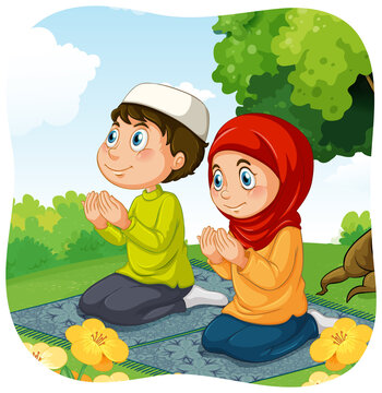 Muslim sister and brother in praying position cartoon character