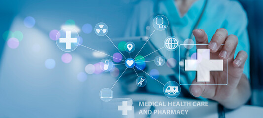 Medicine doctor using digital healthcare and network connection on hologram modern virtual screen...