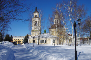 Vladimir, Russia - March, 2021: Nicholas Kremlin Church in winter sunny day