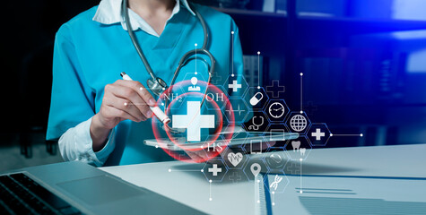 Medicine doctor using digital healthcare and network connection on hologram modern virtual screen...