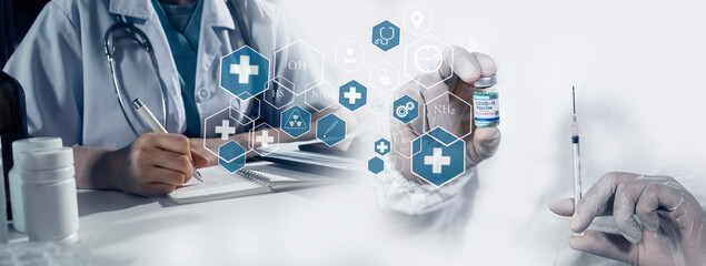 Medicine doctor using digital healthcare and network connection on hologram modern virtual screen...