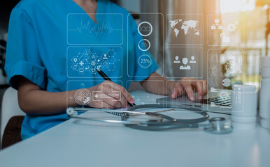Medicine doctor using digital healthcare and network connection on hologram modern virtual screen interface icons, Medical technology futuristic concept.