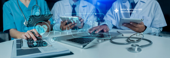 Medicine doctor using digital healthcare and network connection on hologram modern virtual screen...