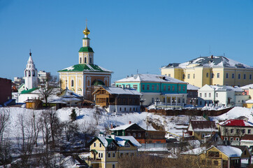 Obraz premium Vladimir, Russia - March, 2021: Top view of the city street in winter sunny day. Saint George Cathedral