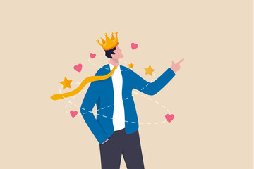 Narcissist people, extreme self involvement too much confident disorder, so proud attitude egocentric person, narcissism businessman admire himself and proud of his crown with love and stars around. - obrazy, fototapety, plakaty